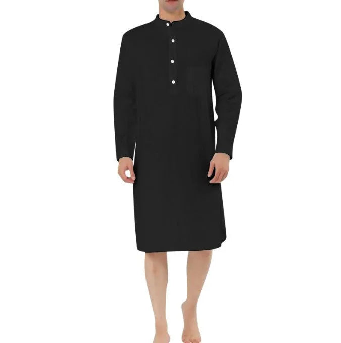 Men's cotton shirt robe with a front button closure and pockets, shown in a light blue colour.