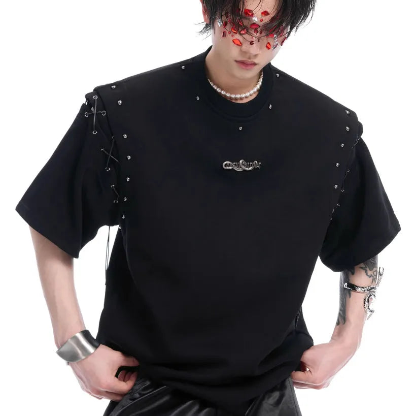 Women's black lace-up cutout short sleeve t-shirt with deconstruction styling detail