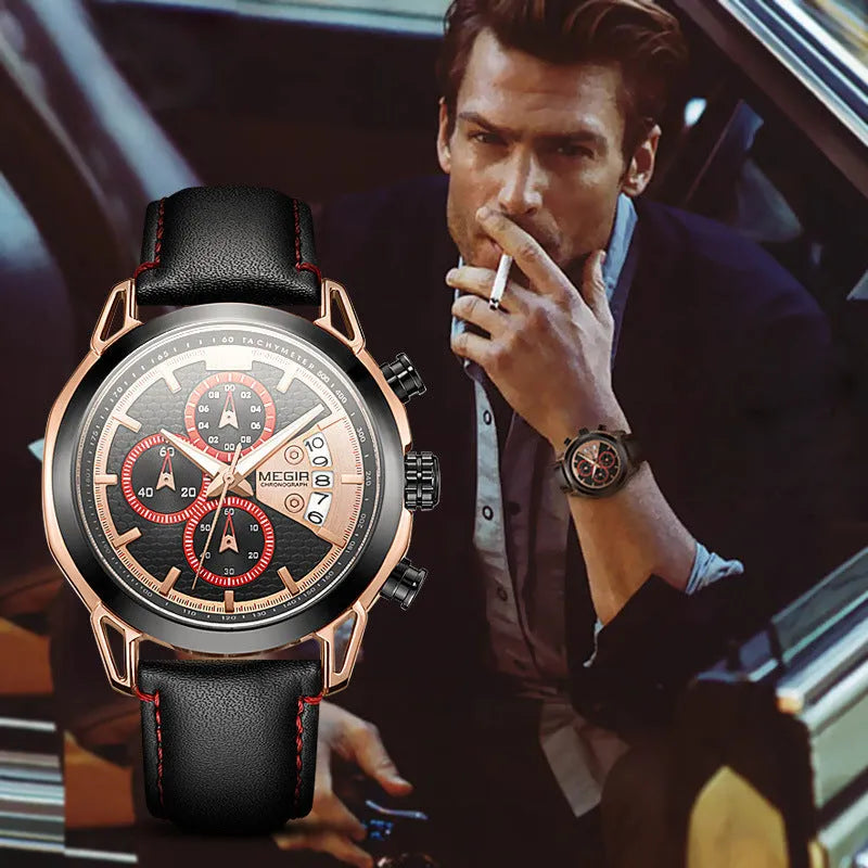 Men's black and brown waterproof luminous quartz watch with leather strap and alloy case.
