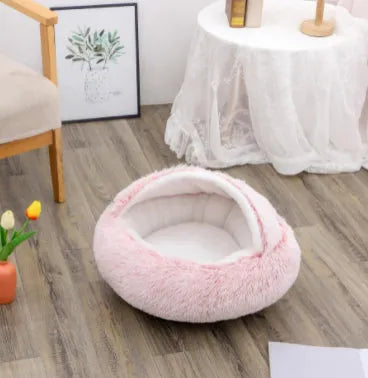Round plush pet bed in brown for cats and small dogs, size 40cm