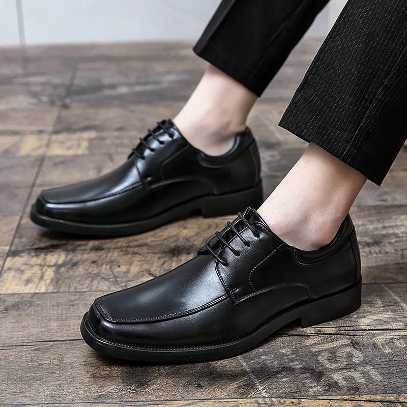Men's black square toe business casual leather shoes with low-top design and rubber soles