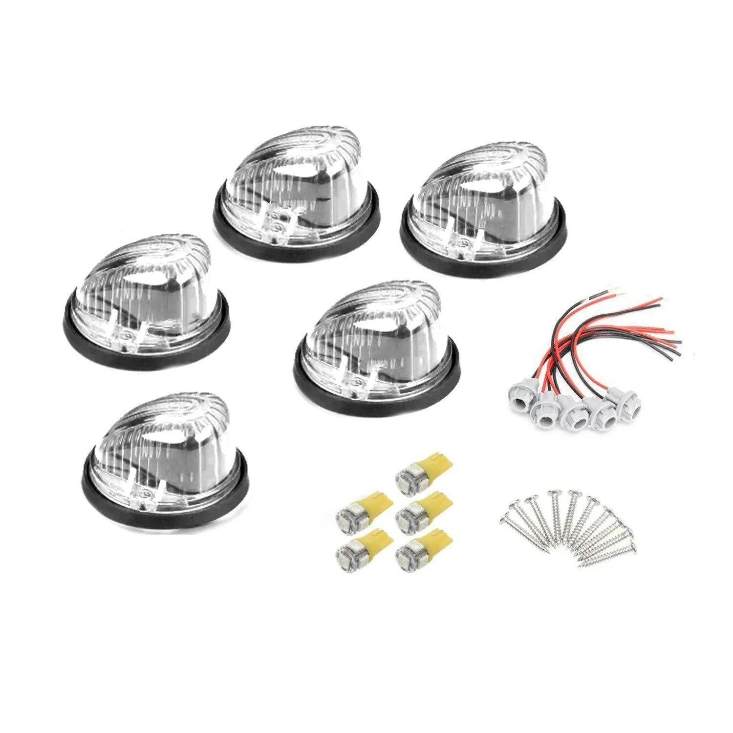 Five-piece LED roof cab marker light kit with yellow polycarbonate lenses, bulbs, and mounting hardware
