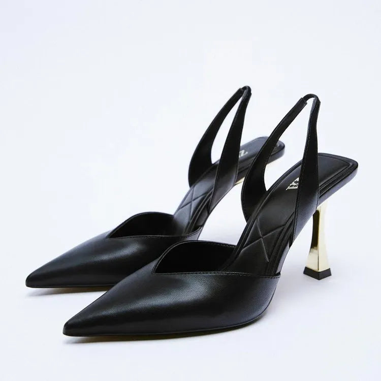 Women's apricot patent leather pointed toe high heels with a shallow mouth design on a white background.