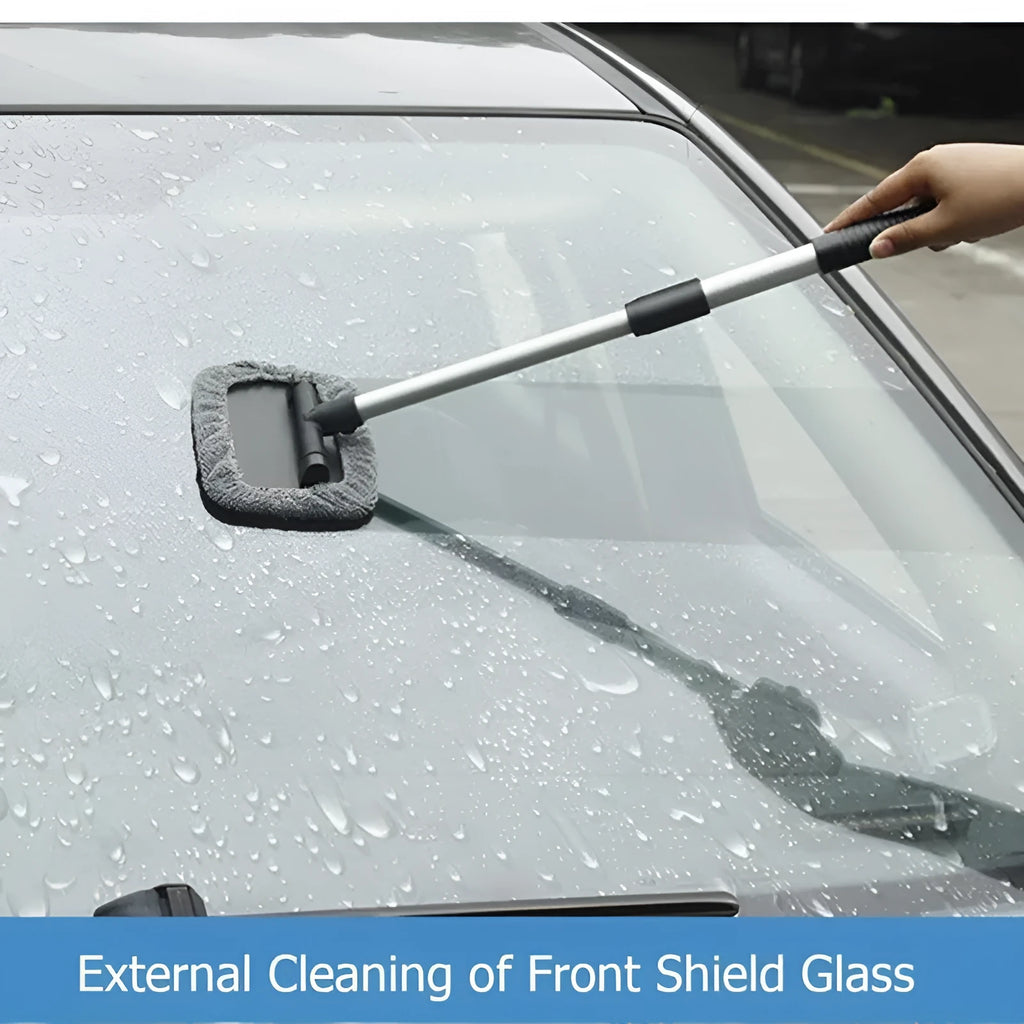 Black telescopic car windscreen cleaning brush with aluminium alloy rod, 180 degree rotating head and fibre cover, 15 x 10cm scraper