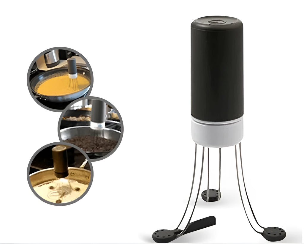 White and black wireless automatic blender with stainless steel stirring arms on kitchen counter