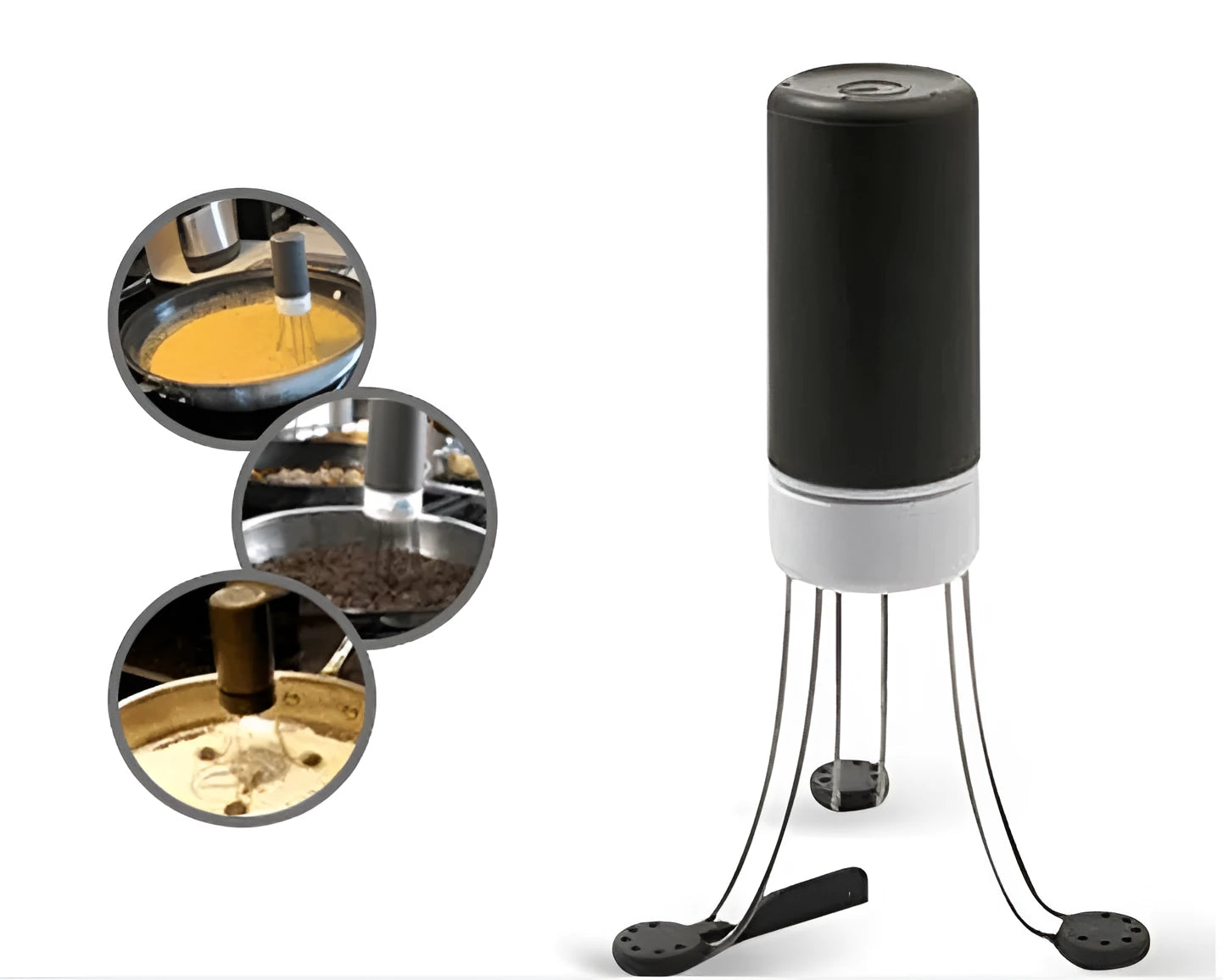 White and black wireless automatic blender with stainless steel stirring arms on kitchen counter