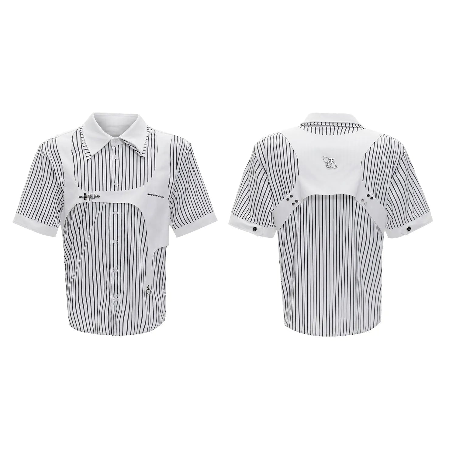Men's black and white striped cotton shirt with double collar lapel design and short sleeves