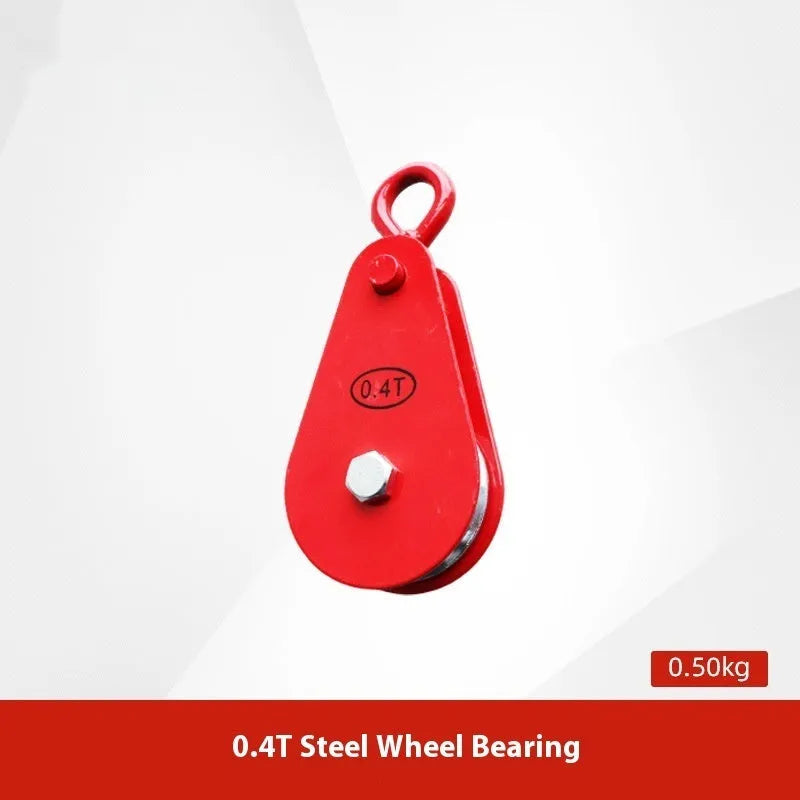 Red industrial lifting pulley with safety latch and forged steel construction