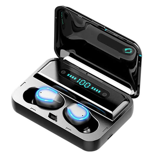 Black Bluetooth headset with LED display showing battery level, earplug style, binaural stereo