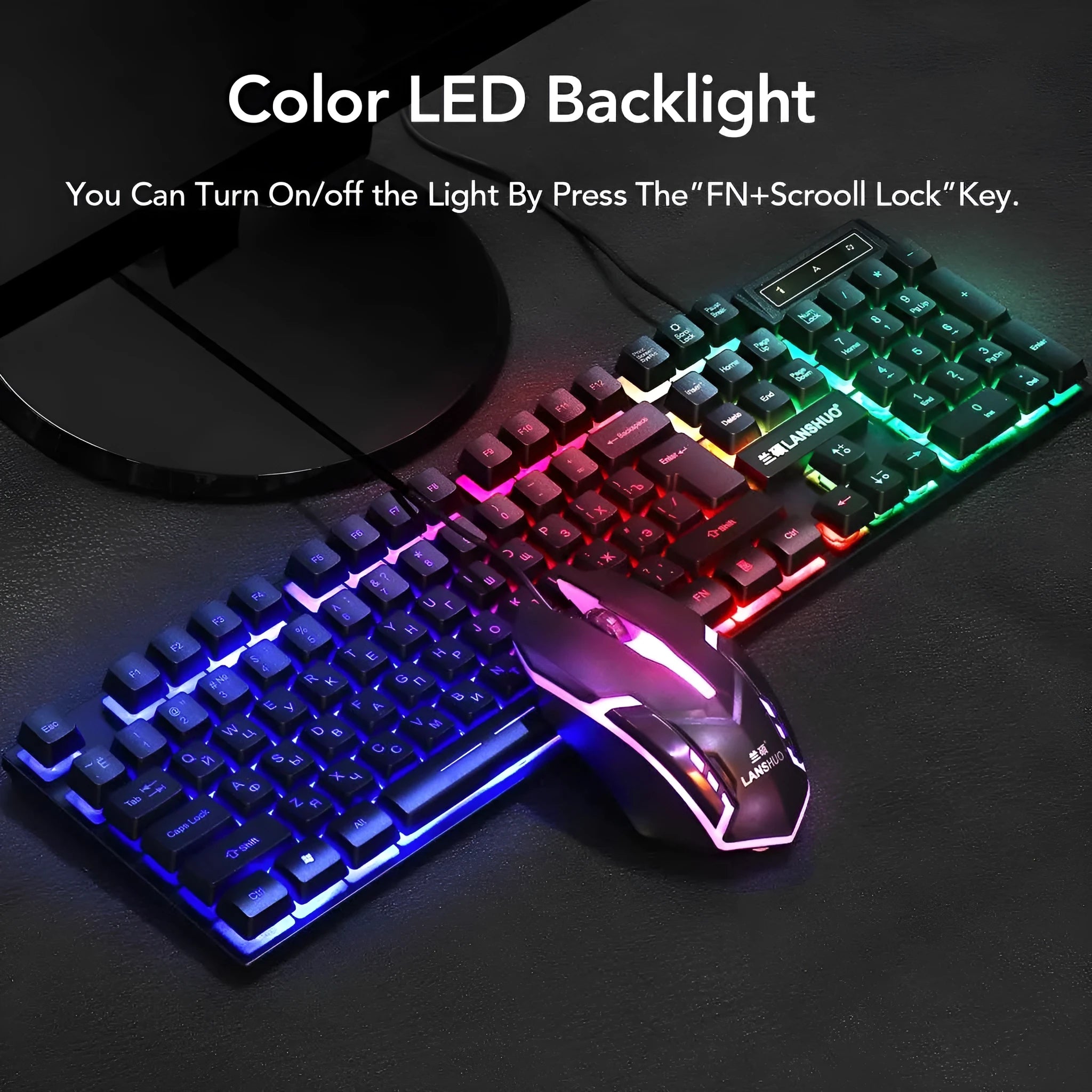 Wired USB backlit keyboard and mouse set in black with 44cm keyboard and 13cm mouse