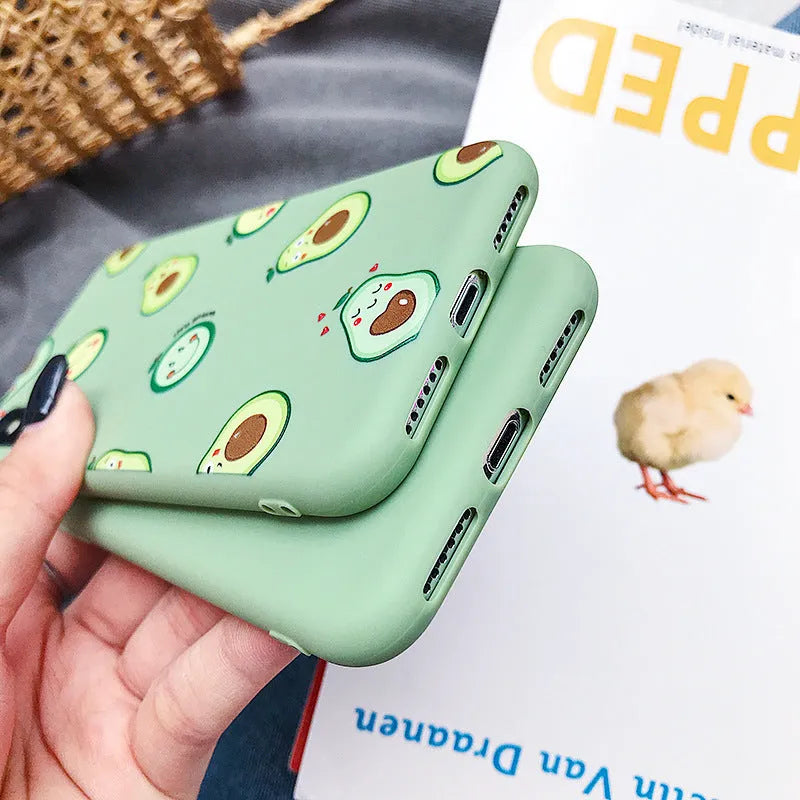 Cartoon avocado design on a green TPU phone case for iPhone models.