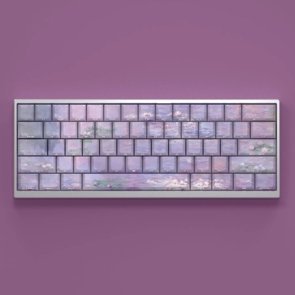 Wenshao Sleeping Lotus PBT keycap set with side-carved legends, showing 130 keys for mechanical keyboards.