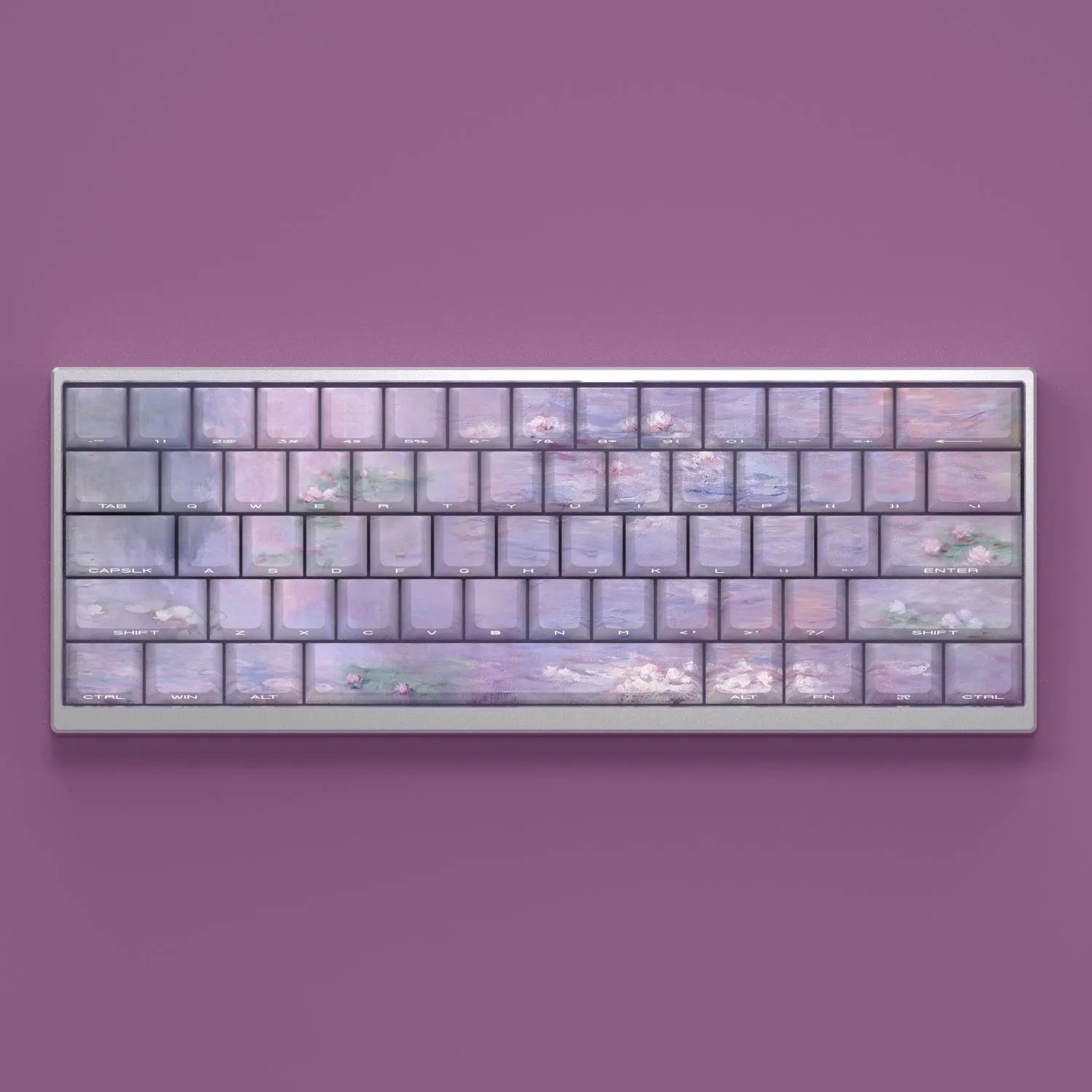 Wenshao Sleeping Lotus PBT keycap set with side-carved legends, showing 130 keys for mechanical keyboards.