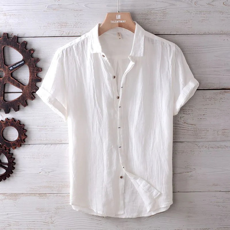 Men's solid colour retro distressed linen shirt in white with relaxed fit and button front