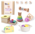 Educational wooden Montessori rattle set with black and white cards and ball chime in colour box packaging