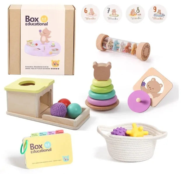 Educational wooden Montessori rattle set with black and white cards and ball chime in colour box packaging