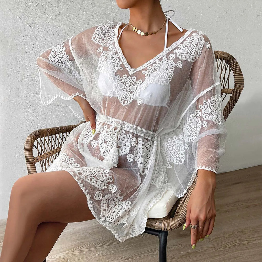 White water soluble texture beach blouse for women's swimming and sun protection