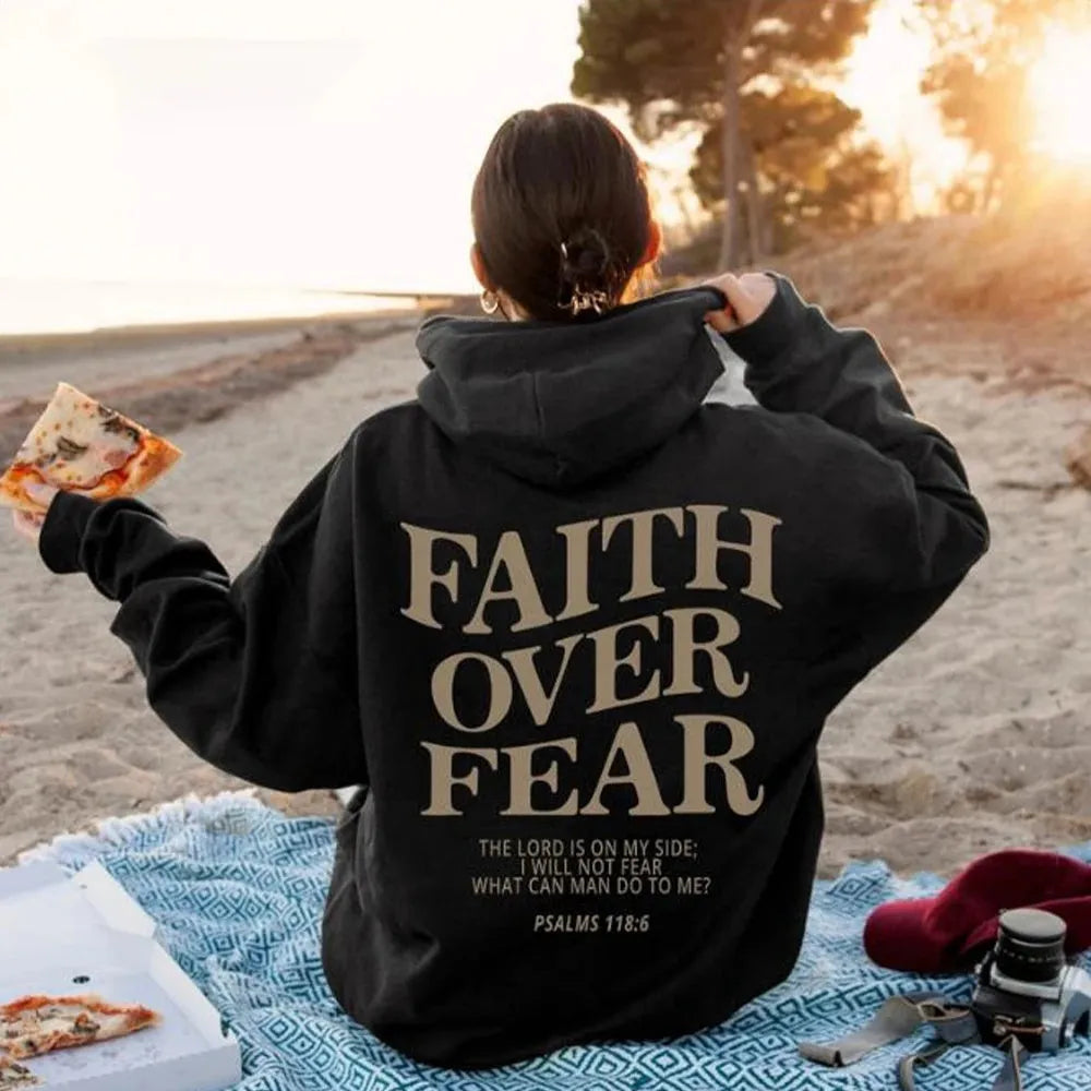 Faith Over Fear Christian hoodie unisex cotton blend pullover with drawstring hood and drop shoulder, shown in light gray.