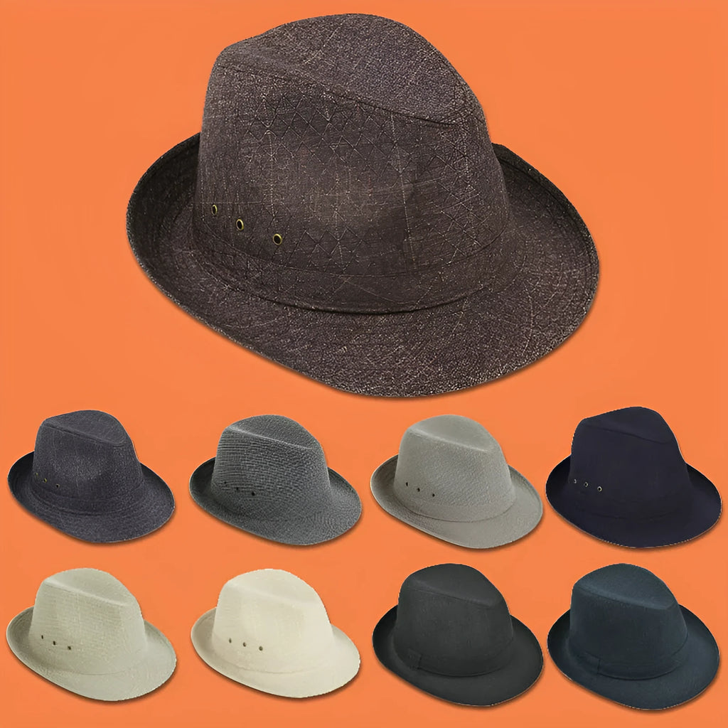 Classic brown fedora hat for men on a stand, showing structured crown and brim.