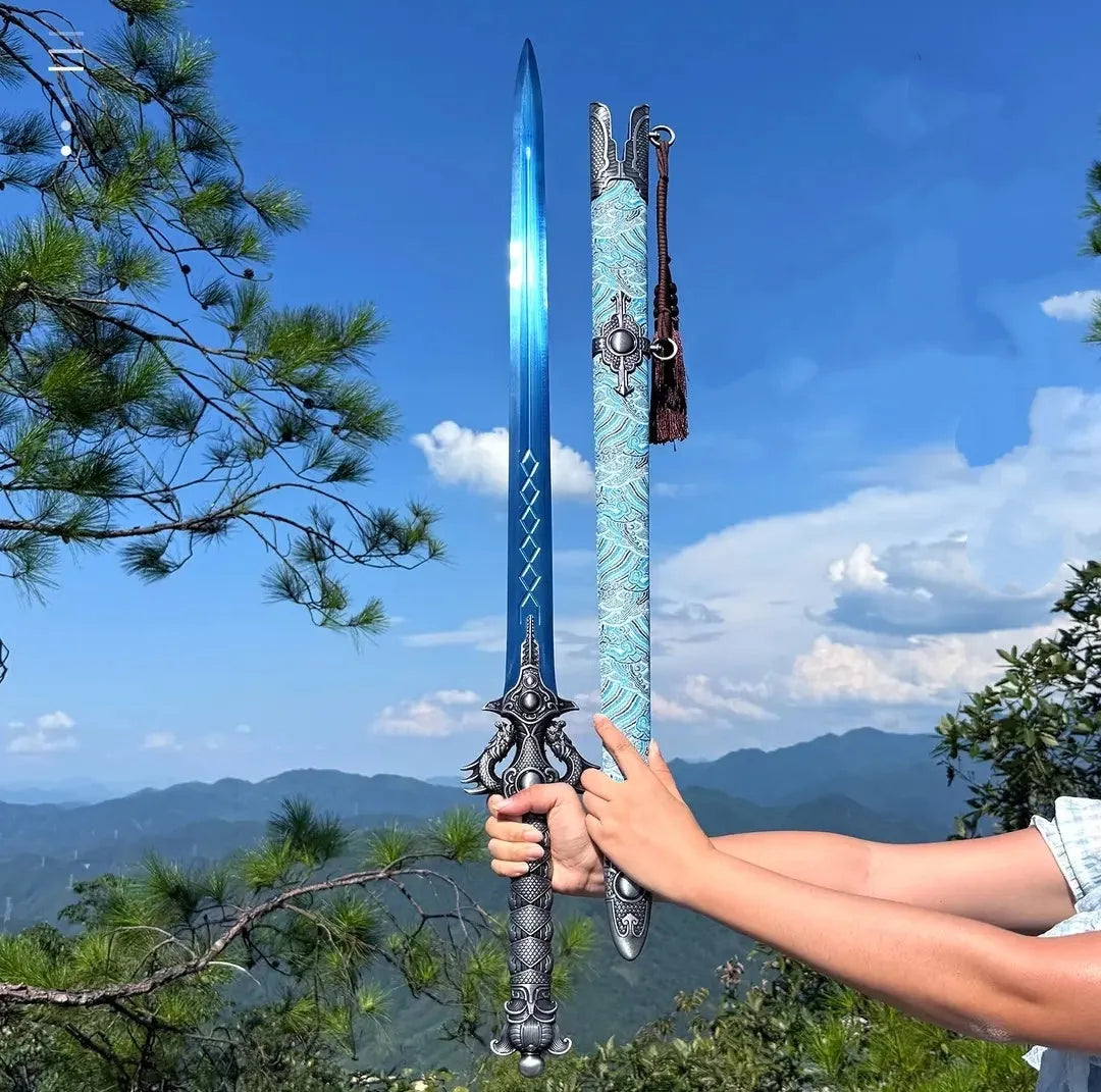 Blue Xingyuan sword from Longquan City with high manganese steel blade and leather-covered scabbard on display