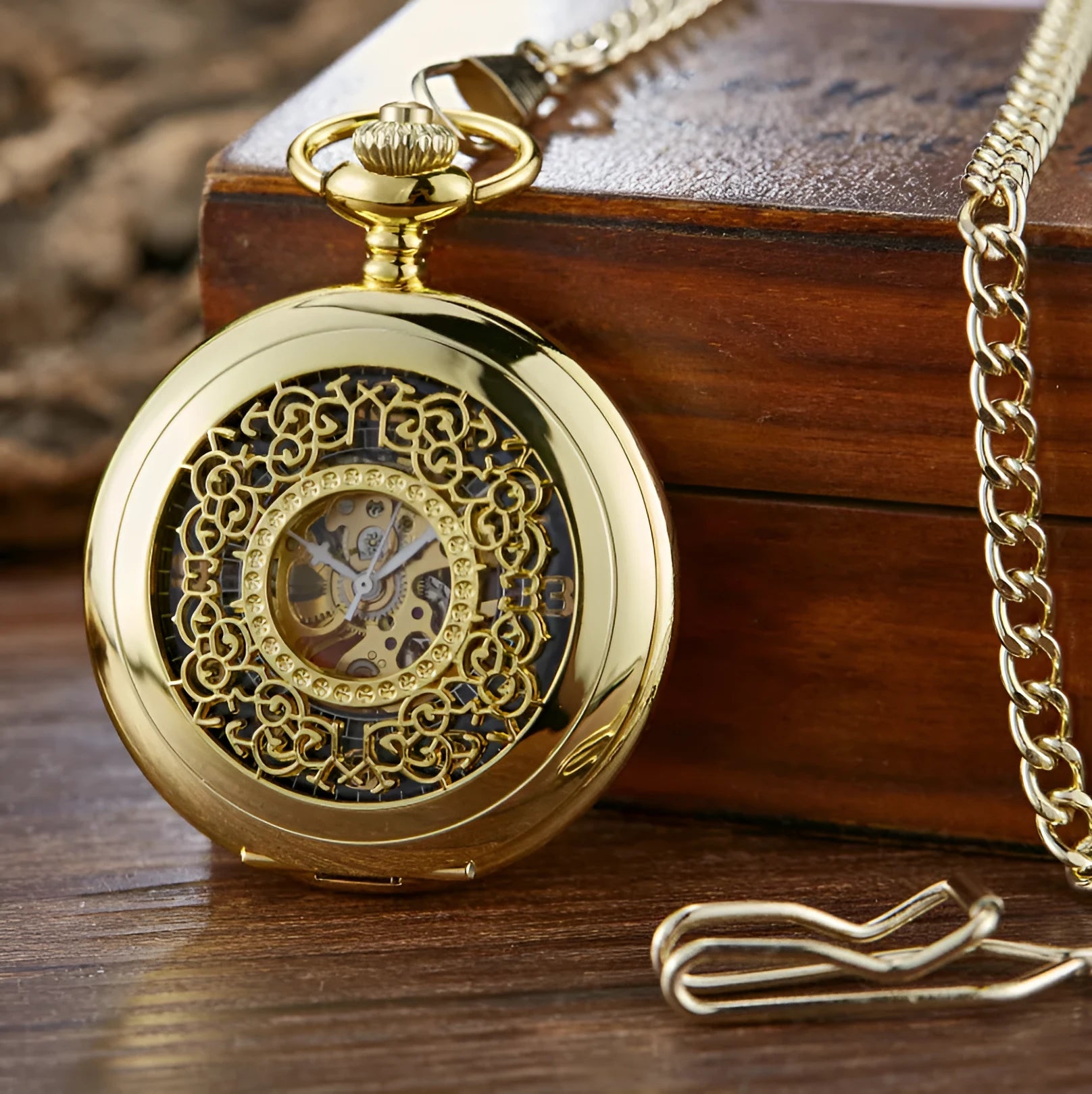 Retro mechanical pocket watch with hollow floral dial and transparent case back in alloy.