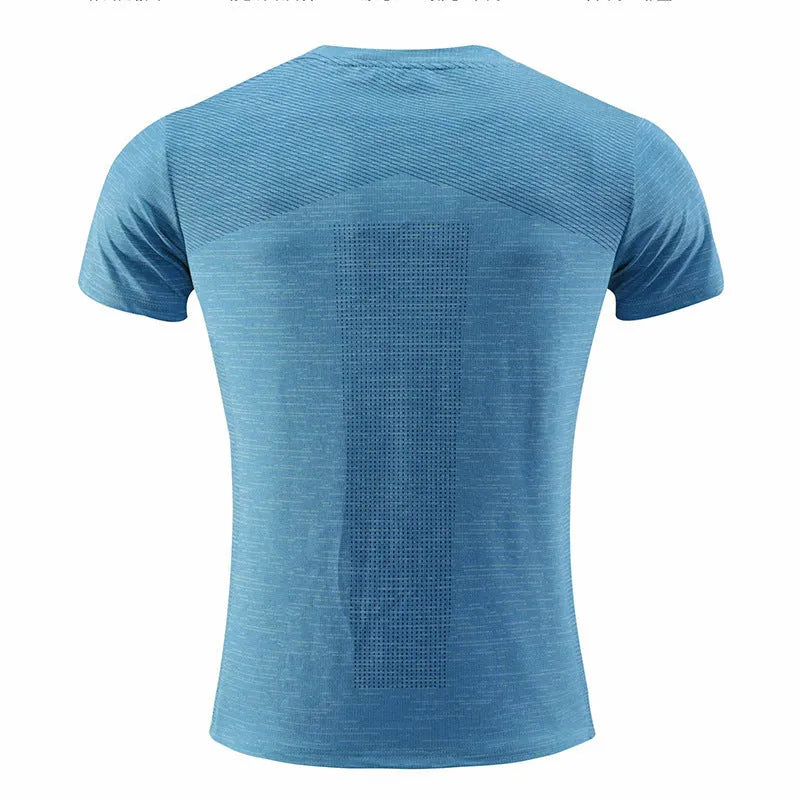 Short sleeved polyester spandex running t-shirt shown in multiple colour options.