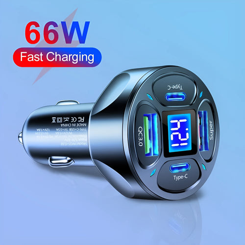 Black 66W digital display car charger with two USB ports and two Type-C ports