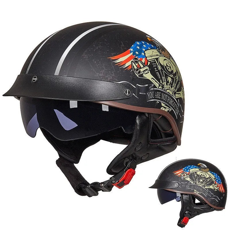 Vintage motorcycle helmet with ABS shell, EPS liner, quick release buckle, and UV protection glasses in black
