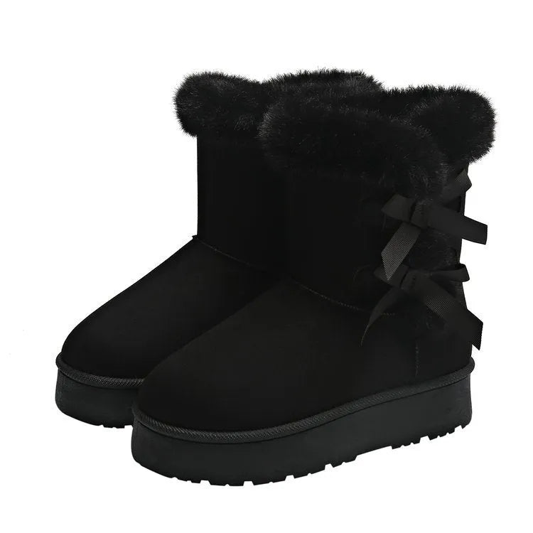 Women's bow retro fleece lined thickened ankle boots in suede with flat heel black beige brown