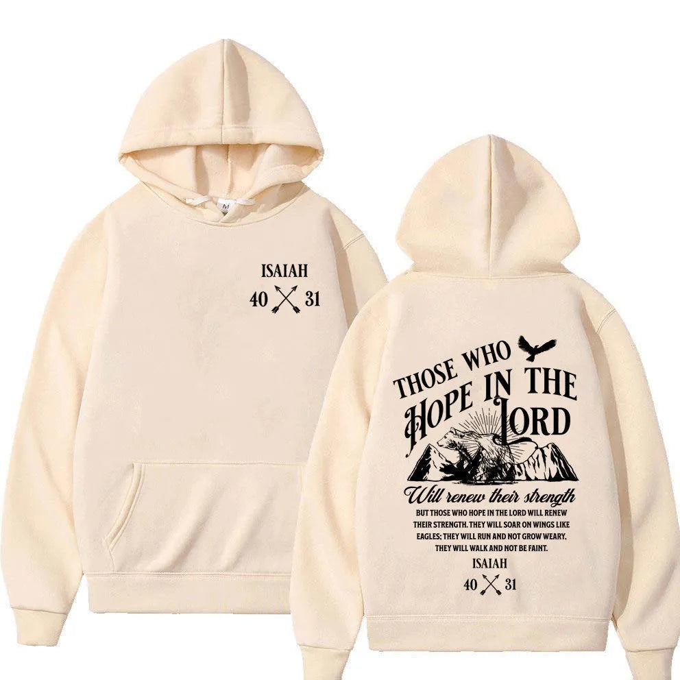 Christian Jesus letters print loose pullover hoodie in black on a plain background showing front print detail
