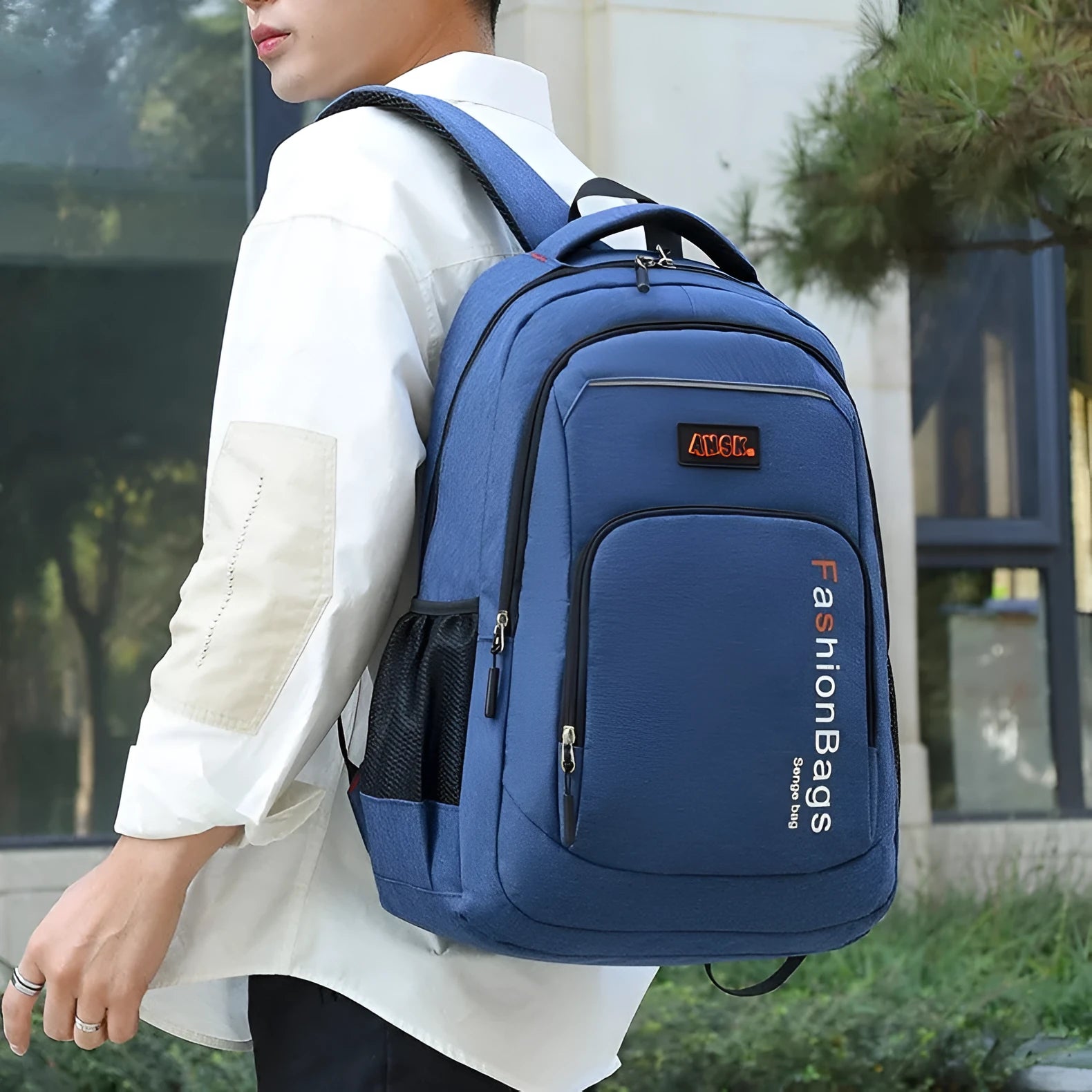 Black street trend nylon backpack showing internal laptop compartment, phone pocket, and file bag organisation.