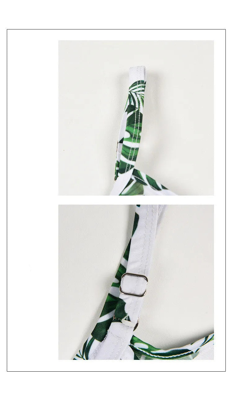 Women's green leaf printed one-piece swimsuit with polyester construction for swimming