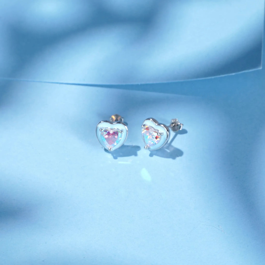 S925 sterling silver heart-shaped stud earrings with colourful zircon mosaic and epoxy accents on silver background