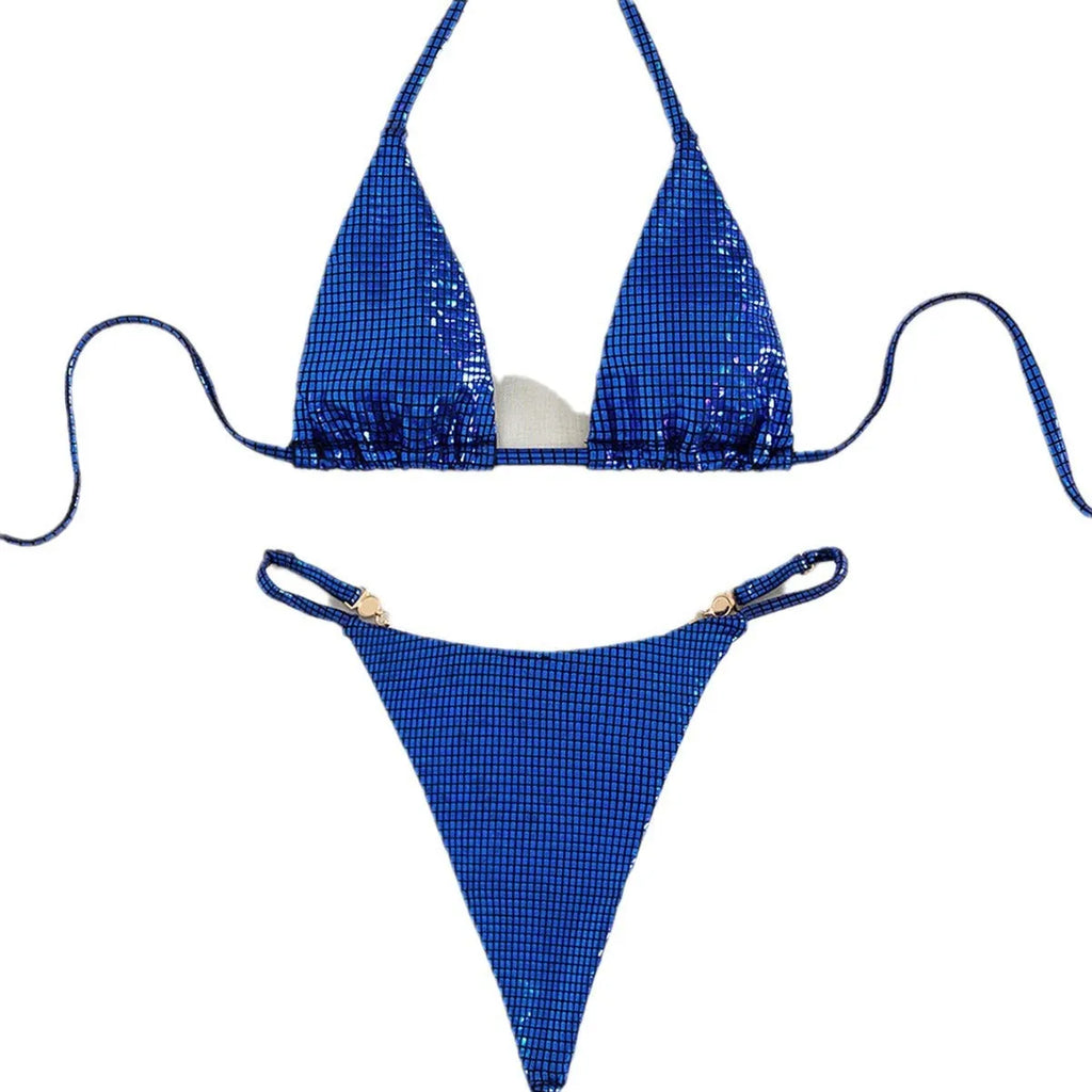 Women's solid colour T-back bikini set in blue, rose red, or gold.