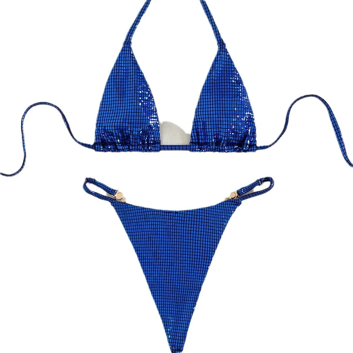 Women's solid colour T-back bikini set in blue, rose red, or gold.