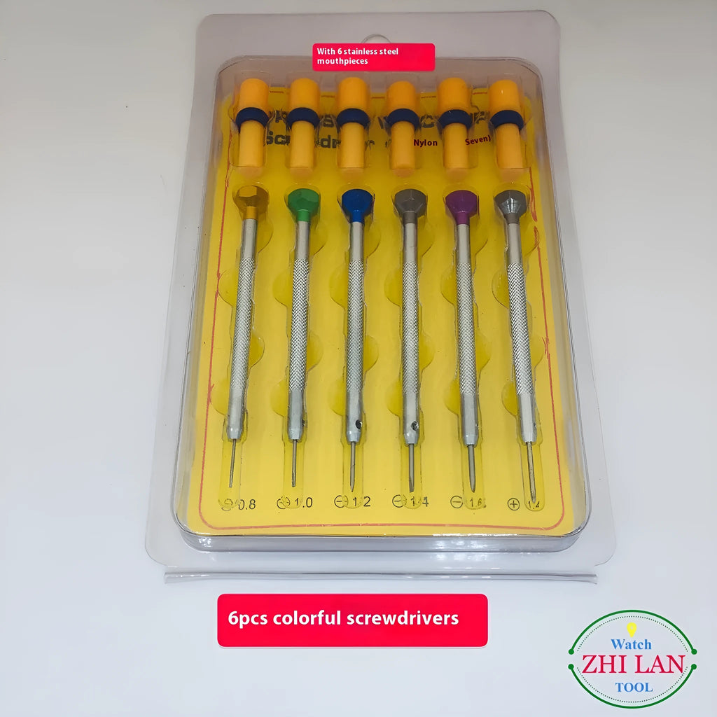 Six colour-coded watch repair screwdrivers with aluminium handles and copper grips for watch maintenance
