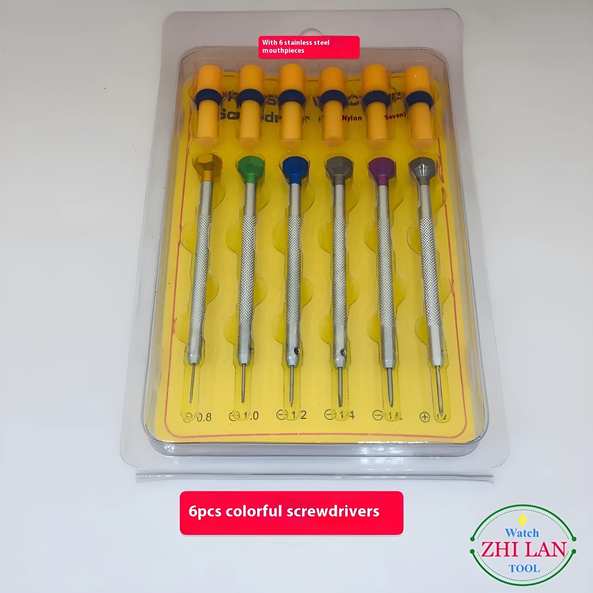 Six colour-coded watch repair screwdrivers with aluminium handles and copper grips for watch maintenance