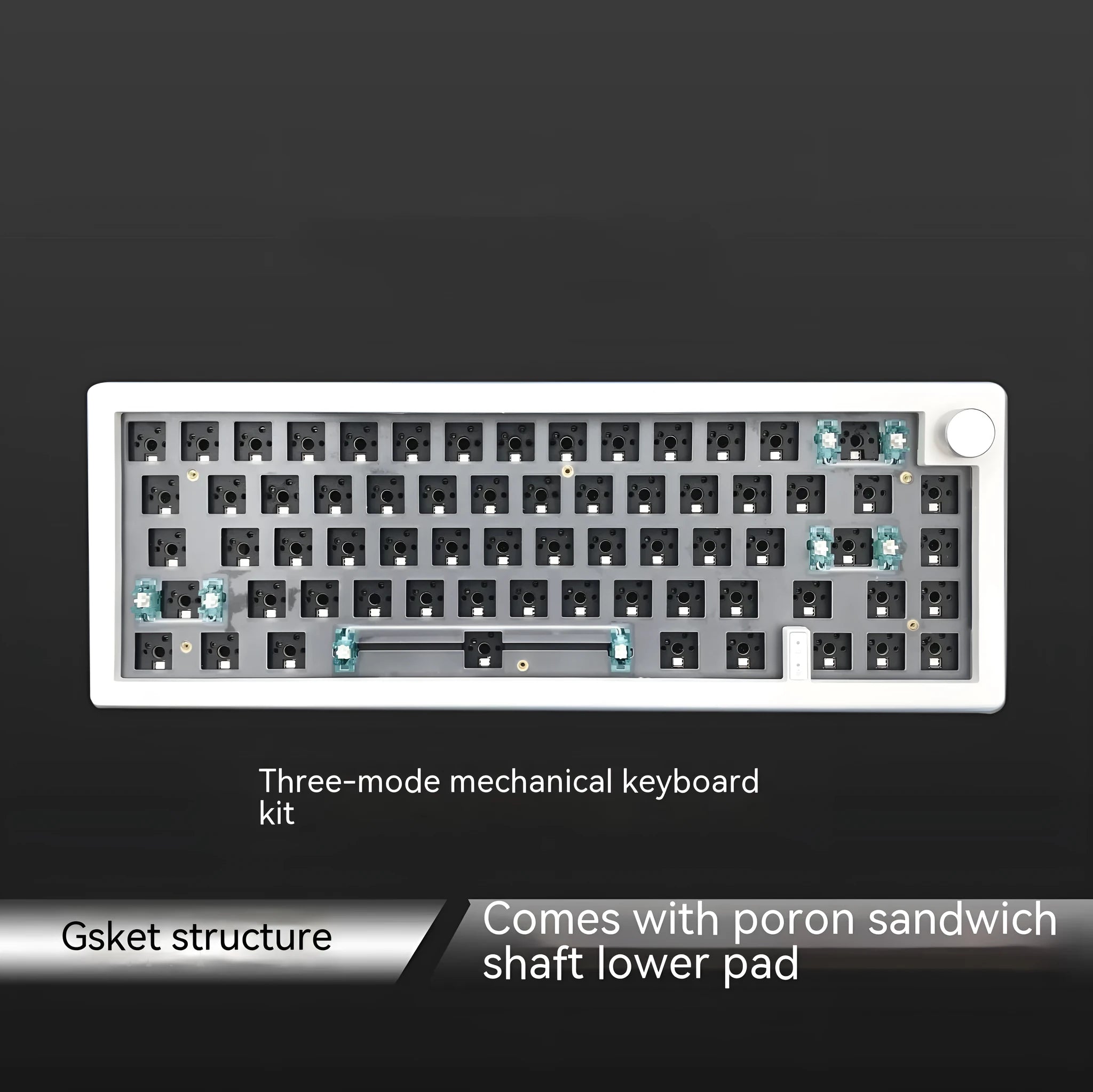 DIY mechanical keyboard kit with RGB backlighting and control knob in black, white, or coloured cases