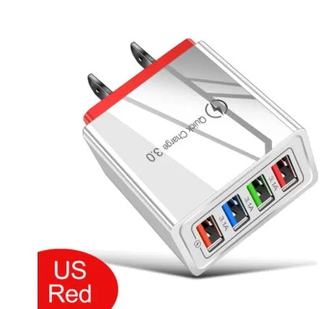Dark Blue 4-port USB mobile phone charger with EU plug, showing dimensions and USB ports.