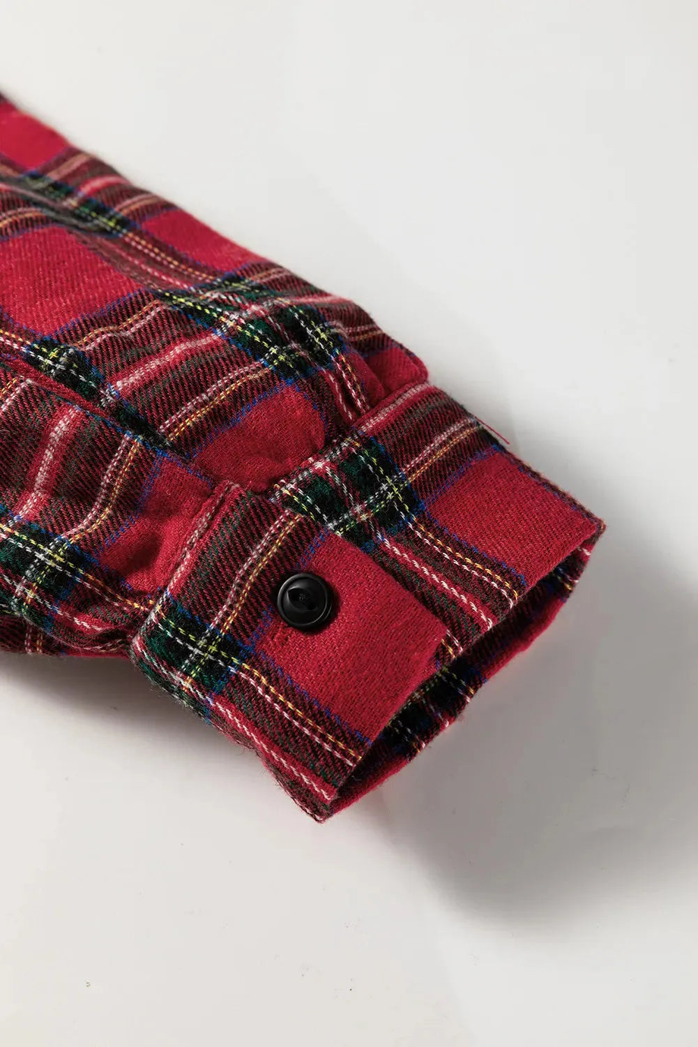 Red plaid mini dress with shirt collar, half button front, long sleeves, and ruffle hem, sizes S to XL