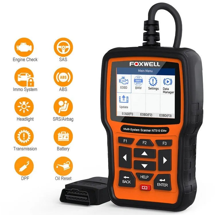 Foxwell NT510 orange and black automotive OBD2 diagnostic scanner with data cable.