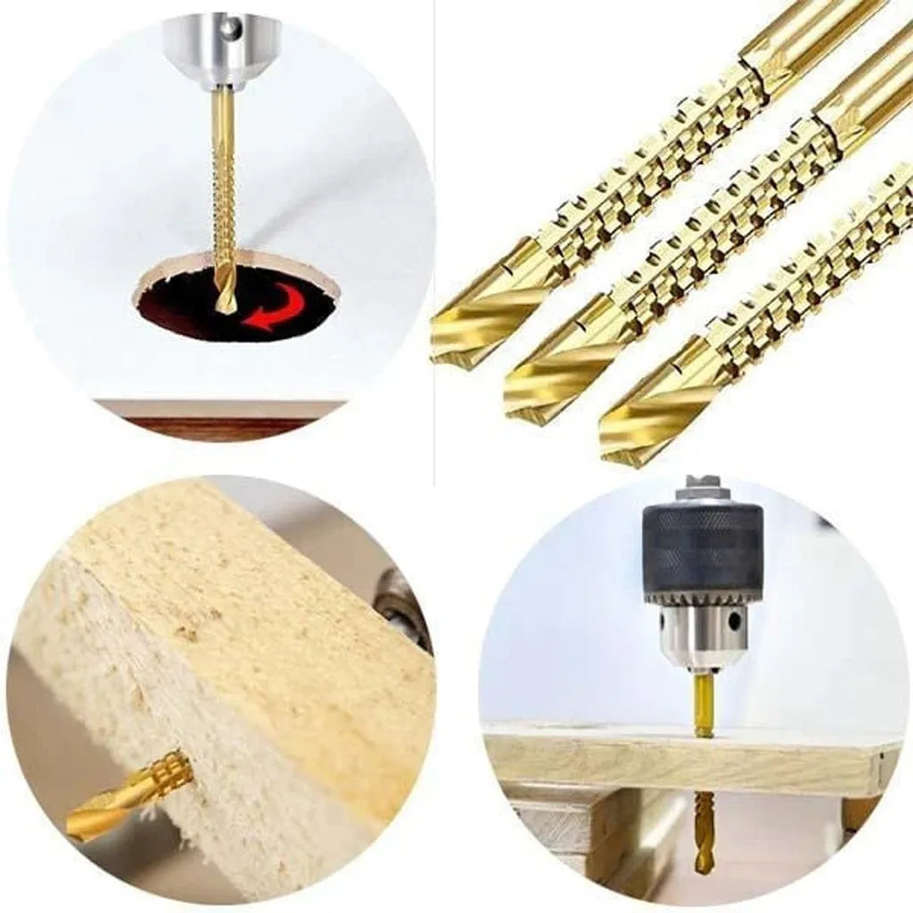 Six HSS woodworking drill bits in diameters 3mm to 8mm laid out on a wooden surface