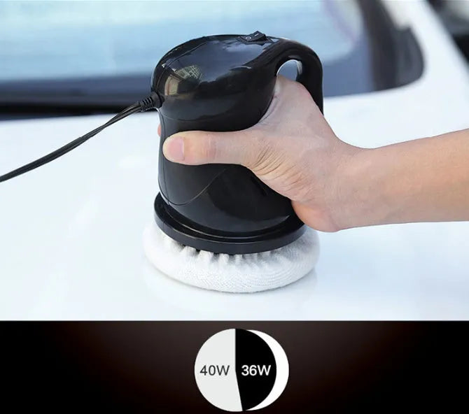 12V car polishing machine with ergonomic handle, thick cigarette lighter cord, black and orange colours
