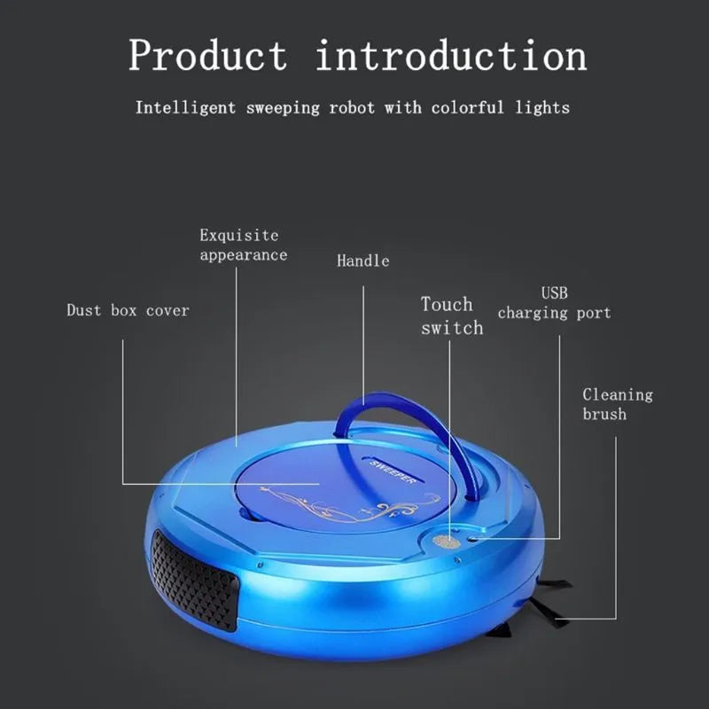 Lazy Smart floor sweeping robot vacuum cleaner in blue, black, or white on a hard floor surface.