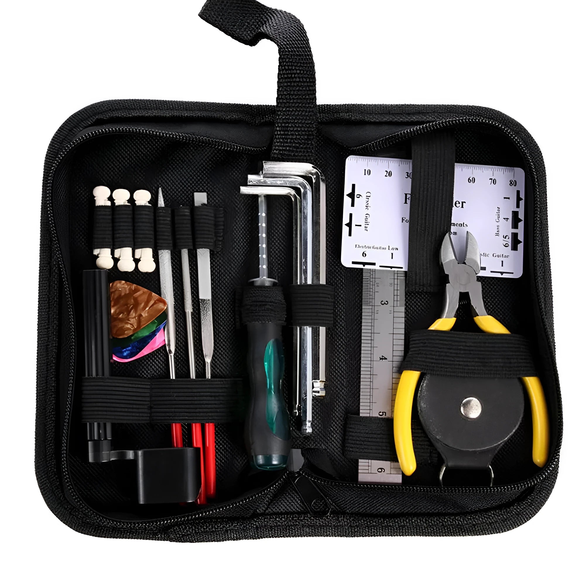 Open black guitar repair kit showing truss rod wrench, string action ruler, and cleaning tools in moulded plastic case
