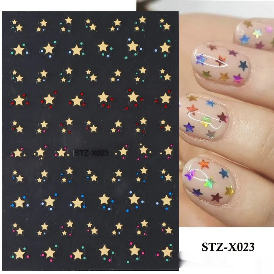 Cartoon-themed nail art sticker sheet with black and silver strip patterns and love motifs