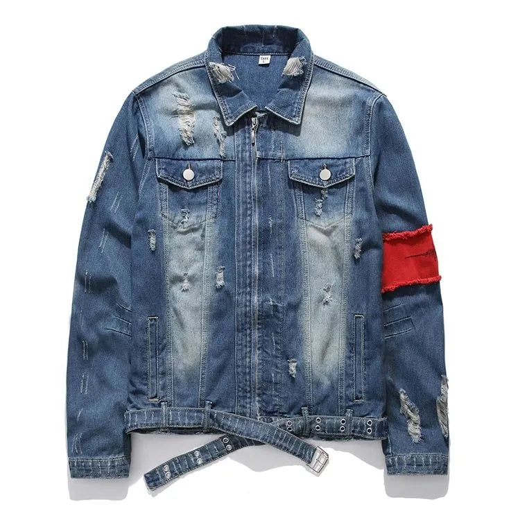 Blue embroidered cotton denim jacket for women on model, showing decorative stitching on front panels