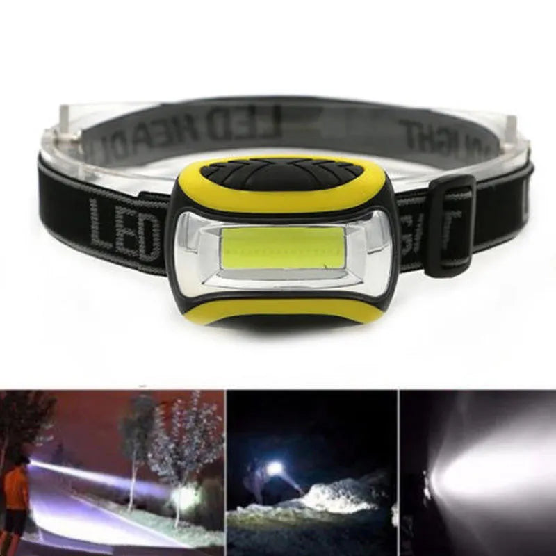 Yellow Major brand headlamp with COB LED light source and adjustable strap for outdoor use.