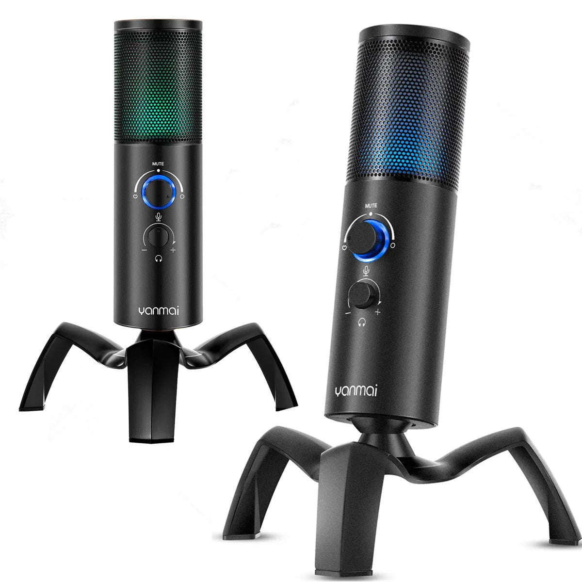 Black Q18 USB condenser microphone with RGB lighting on adjustable metal tripod stand