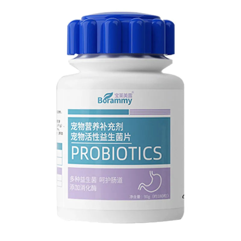 Sealed bottle of 180 Pet Active Probiotic Tablets for dog and cat digestive health support.